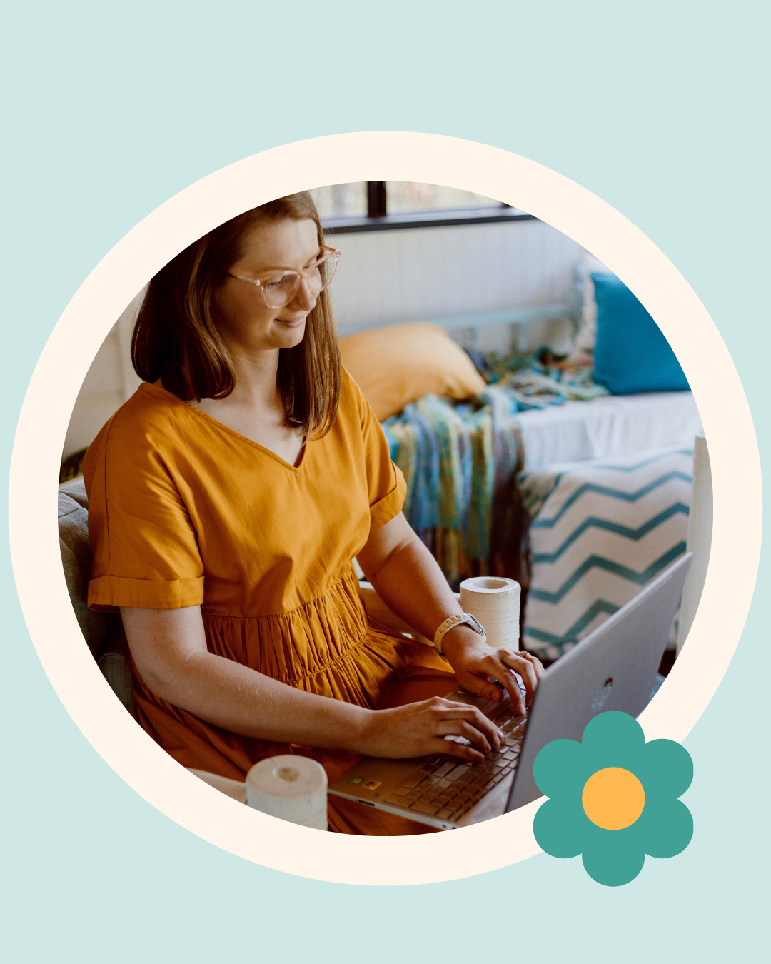 The Face Place founder, a holistic dental practitioner, working on her laptop in a bright, relaxed home clinic space, supporting parents with children’s oral function and dental health.