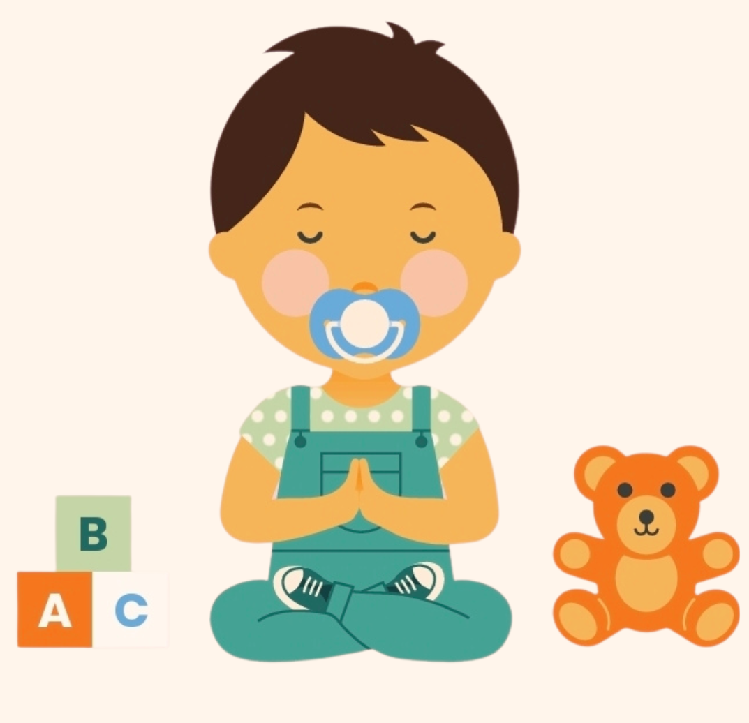 Illustration of a toddler with a dummy sitting peacefully with alphabet blocks and a teddy bear, from I Love My Dummy by Melanie Van Schelven