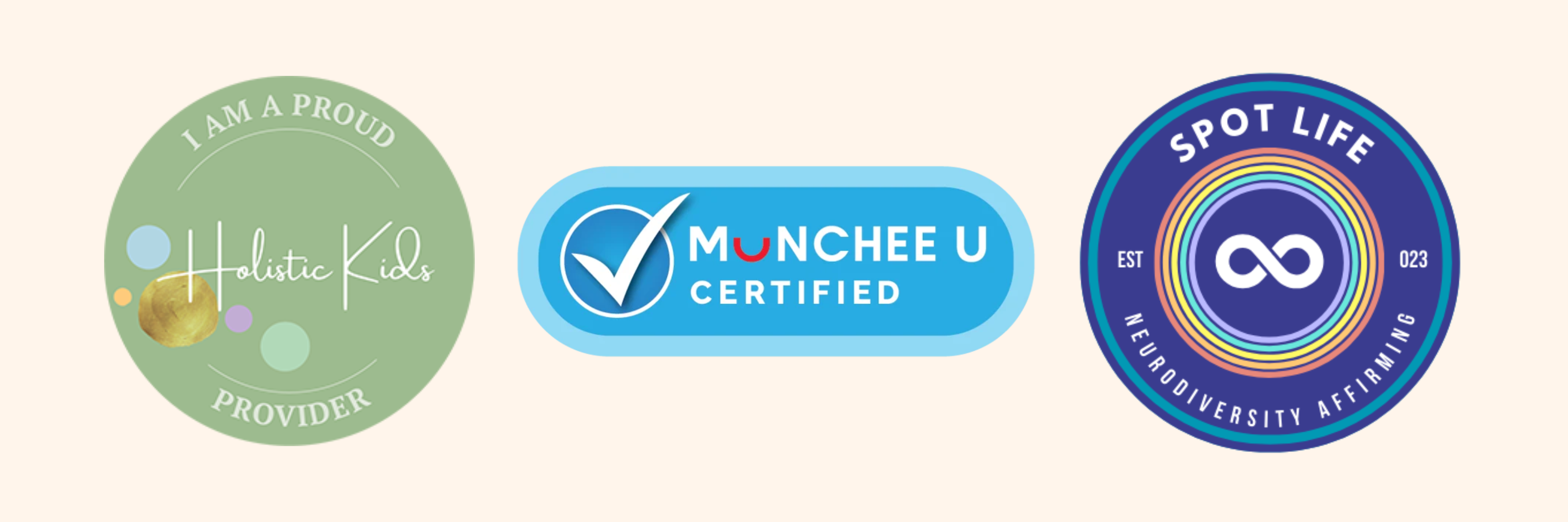 Certification badges for The Face Place, including Holistic Kids Provider, Munchee U Certified, and Spot Life Neurodiversity Affirming, reflecting Mel Van Schelven’s commitment to holistic and inclusive children’s oral health care.