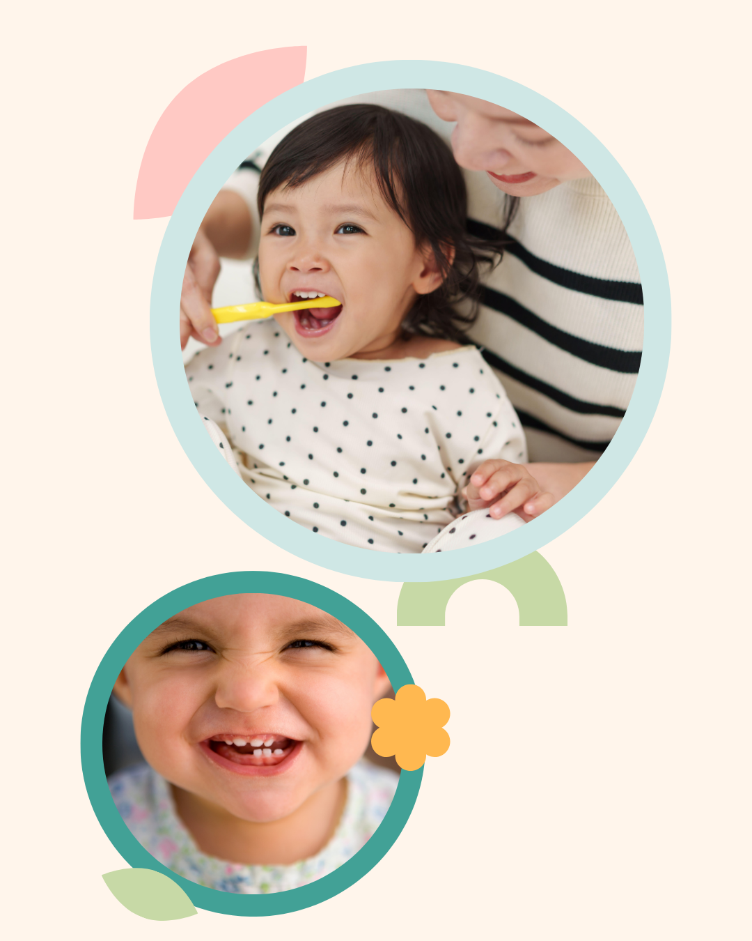 A parent helping a toddler brush their teeth, next to a close-up of a toddler smiling and showing their teeth, illustrating a toddler oral hygiene routine.