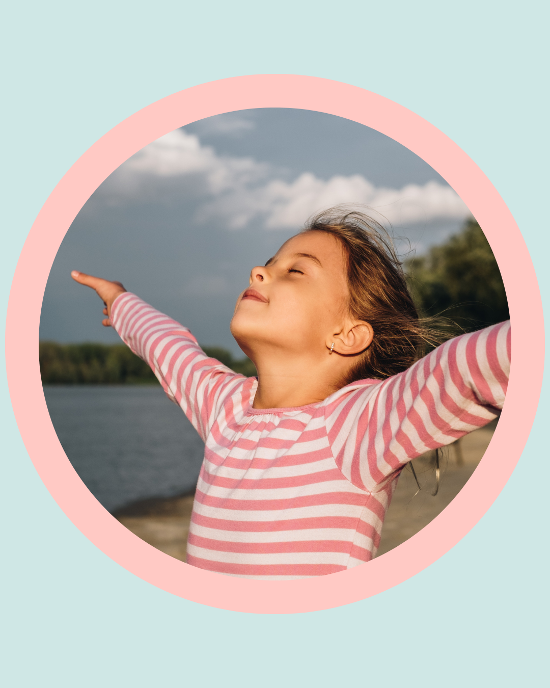 Young girl standing outdoors with arms raised and eyes closed, breathing calmly through her nose