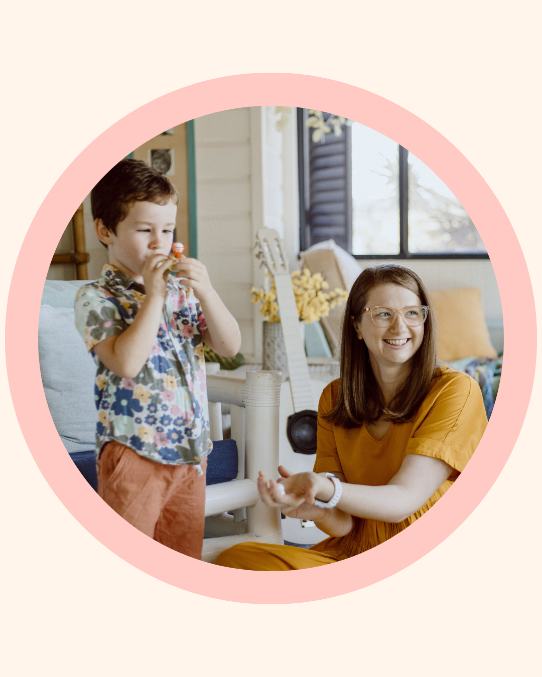 Holistic children's oral function therapist Mel Van Schelven using play-based exercises to support nasal breathing and oral development in a young child.