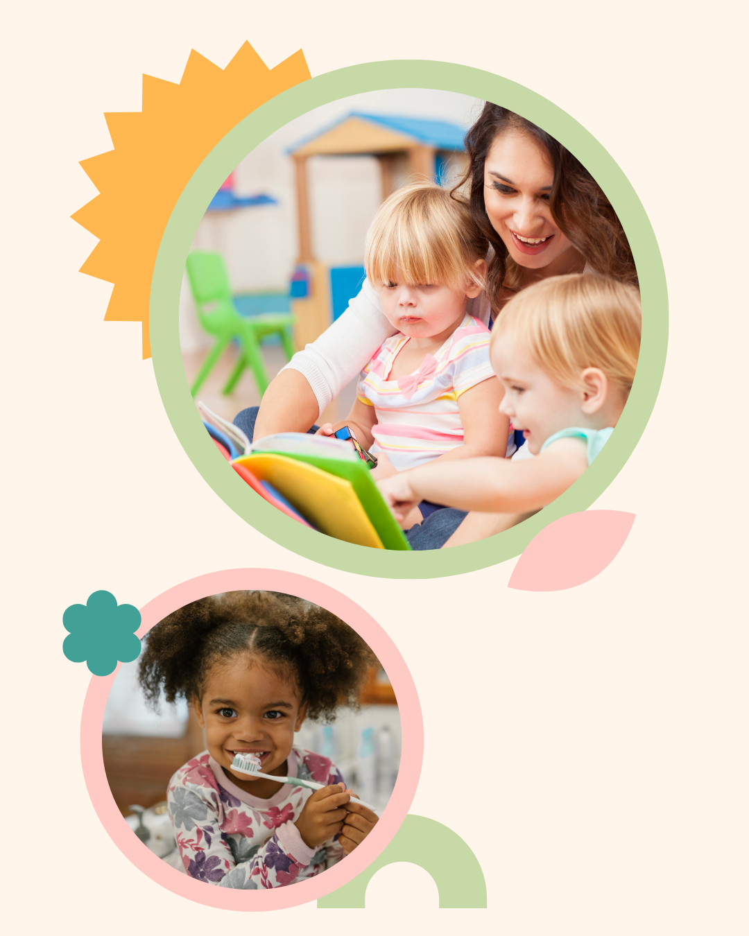 A parent reading with two toddlers alongside a young child brushing her teeth, illustrating the everyday routines covered in the Toddler Top 10 guide.