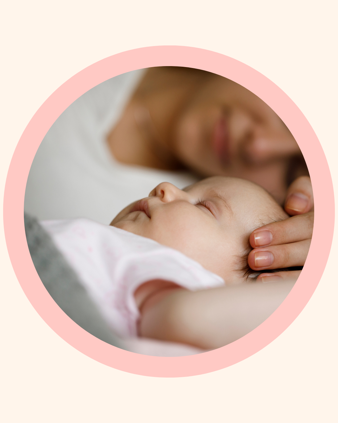 Sleeping baby with a soft nasal profile resting on parent's arm, next to copy about feeling confused or dismissed over tongue tie and lip tie concerns.
