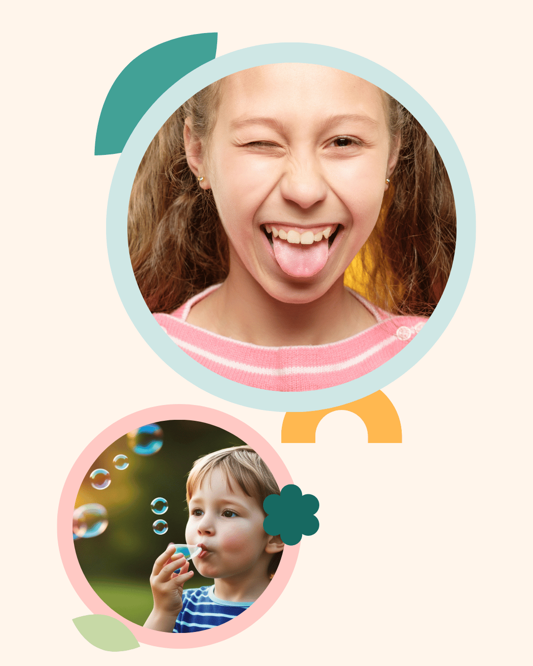 Children practising tongue and lip exercises to support orofacial myofunctional therapy, oral muscle development and nasal breathing habits.