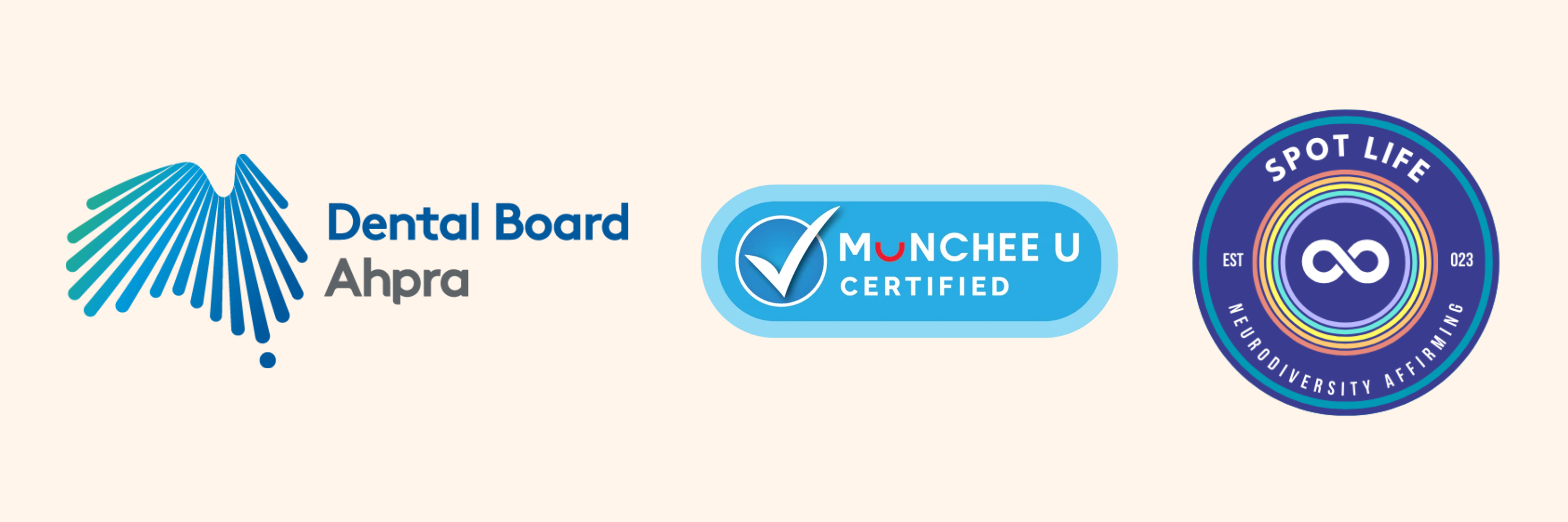 Certification badges for The Face Place, including Holistic Kids Provider, Munchee U Certified, and Spot Life Neurodiversity Affirming, reflecting Mel Van Schelven’s commitment to holistic and inclusive children’s oral health care.