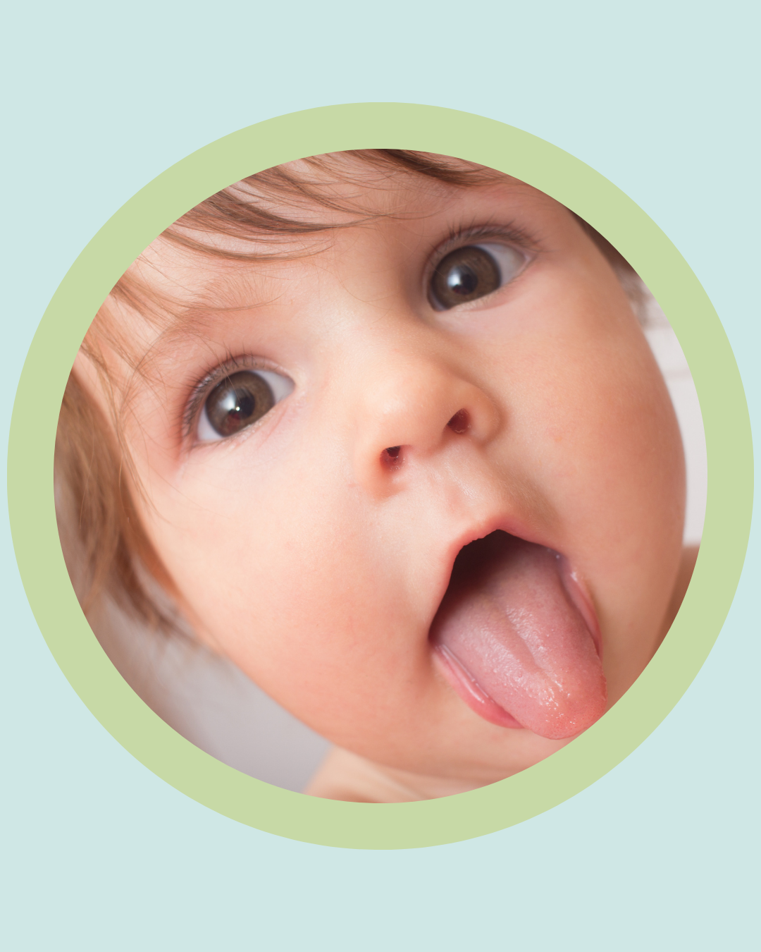 Close-up of a baby sticking out their tongue, illustrating tongue tie awareness and oral function development in infants for The Face Place Oral Ties Podcast Series.