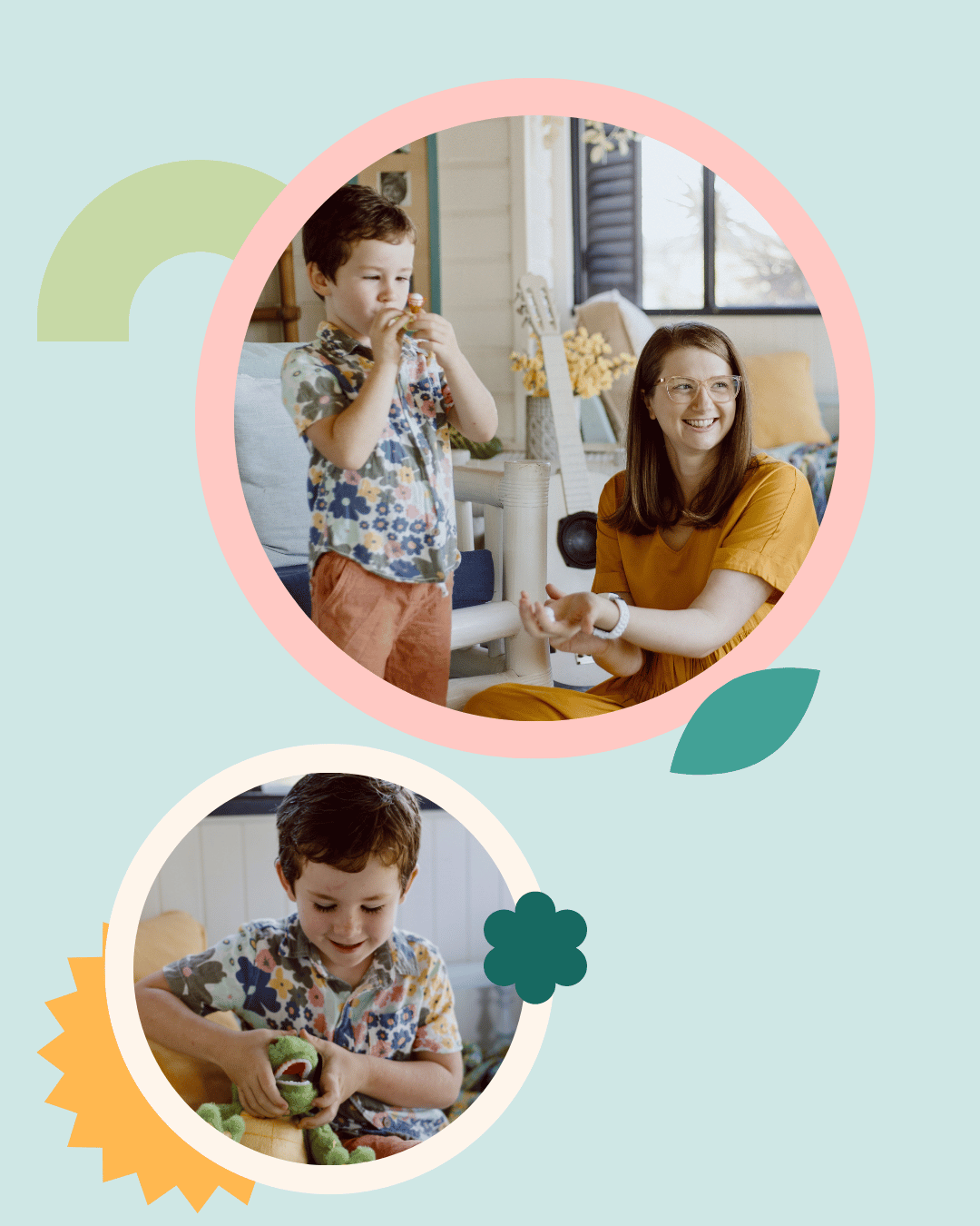 Children's oral health therapist Mel Van Schelven conducting an orofacial myofunctional therapy exercise with a young child, supporting oral function and healthy development.