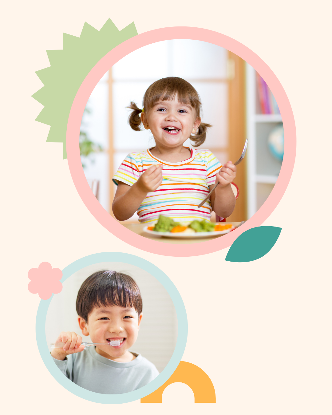 Two young children pictured separately, a toddler girl eating vegetables at a table and a young boy brushing his teeth, illustrating the role of diet and oral hygiene in children's tooth decay prevention, The Face Place.