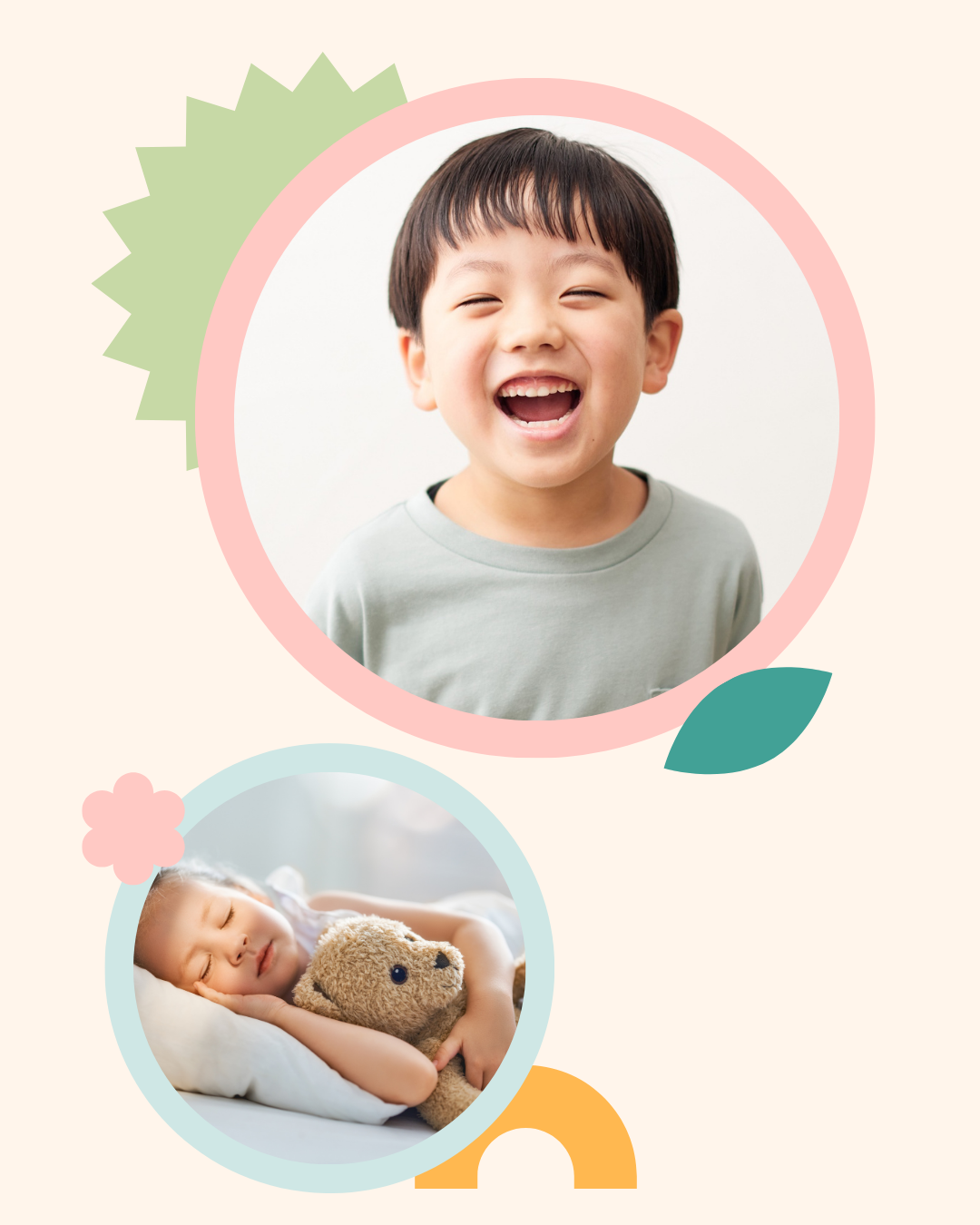 A laughing young boy and a sleeping toddler girl hugging a teddy bear, representing the daytime energy and restful sleep that come with healthy breathing