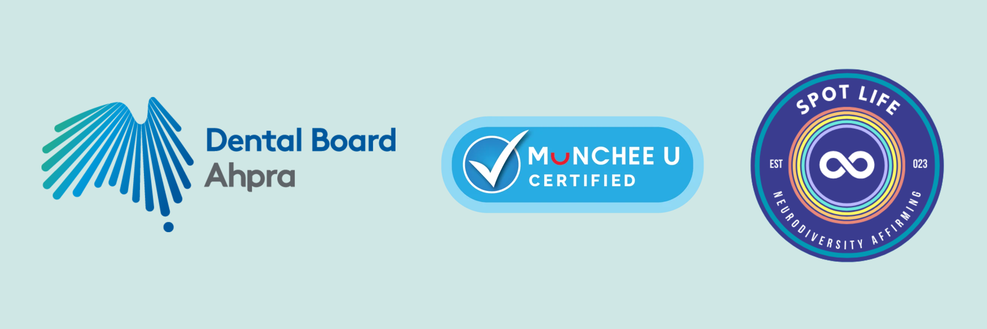 Certification badges for The Face Place, including Holistic Kids Provider, Munchee U Certified, and Spot Life Neurodiversity Affirming, reflecting Mel Van Schelven’s commitment to holistic and inclusive children’s oral health care.