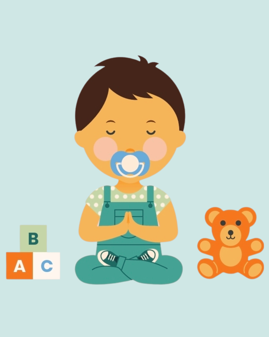 Illustration of a toddler with a dummy sitting with toys, from the I Love My Dummy children's book by Melanie Van Schelven